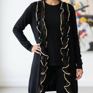 Quick B Black & Gold Open Front Duster Cardigan - Ruffle Cascade Detail